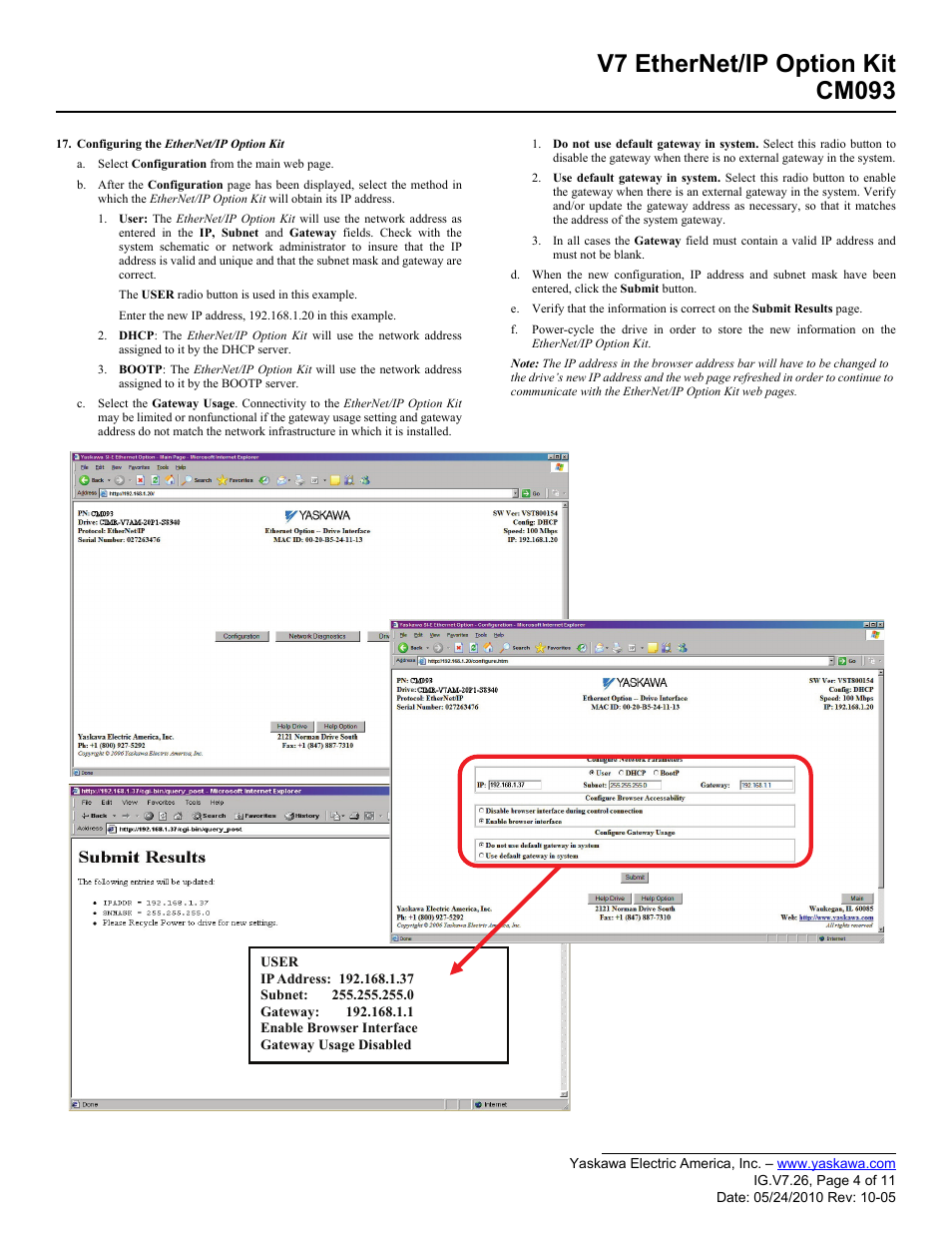 V7 ethernet/ip option kit cm093 | Yaskawa CM093 User Manual | Page 4 / 11