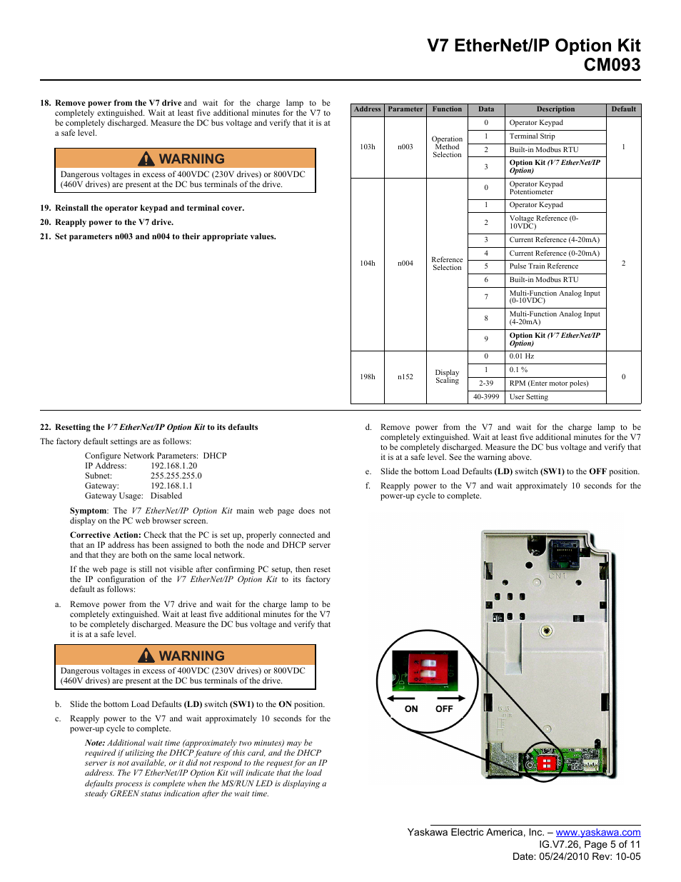 V7 ethernet/ip option kit cm093, Warning | Yaskawa CM093 User Manual | Page 5 / 11