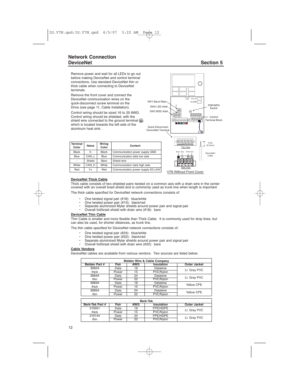 Network connection devicenet | Yaskawa V7N Drive with DeviceNet User Manual | Page 12 / 36