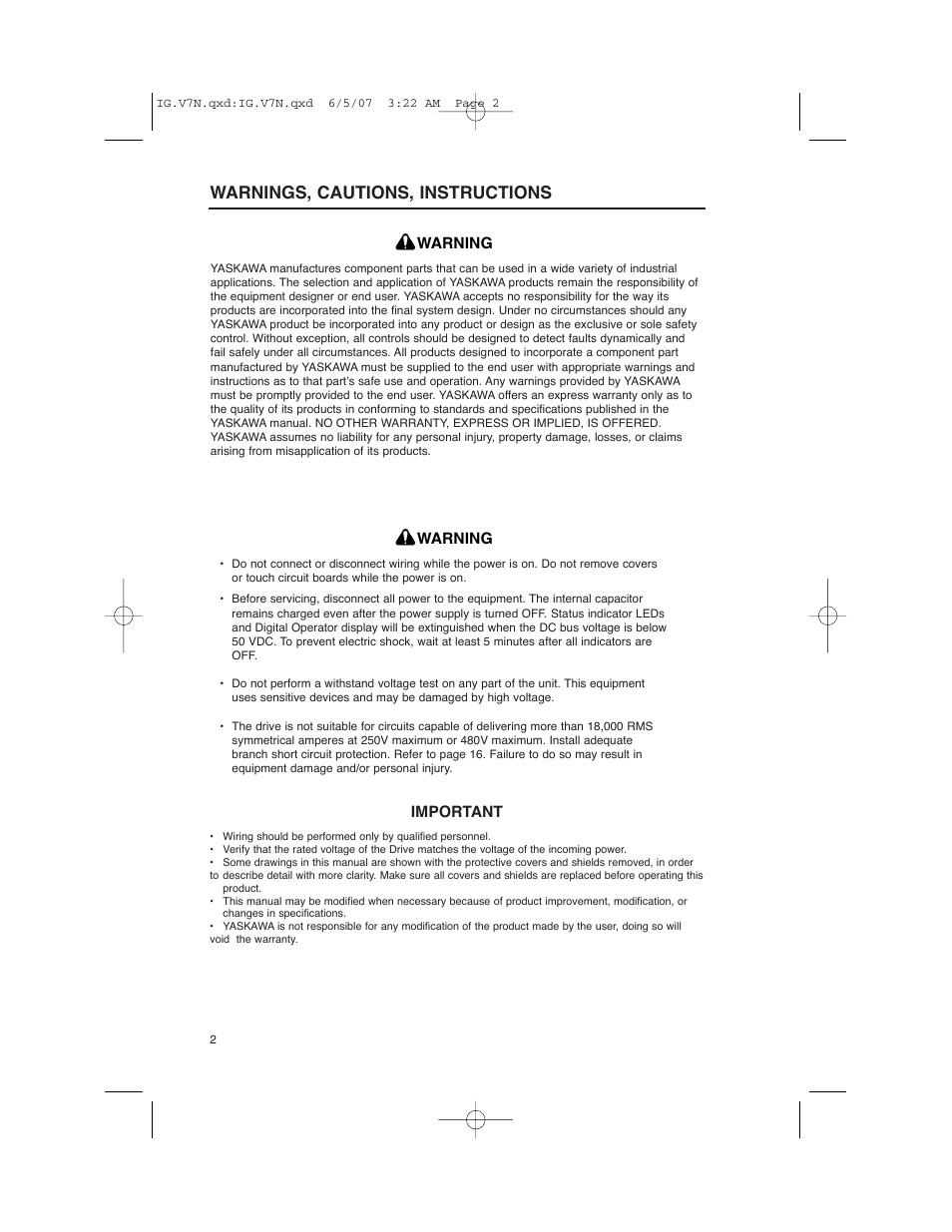 Warnings, cautions, instructions | Yaskawa V7N Drive with DeviceNet User Manual | Page 2 / 36