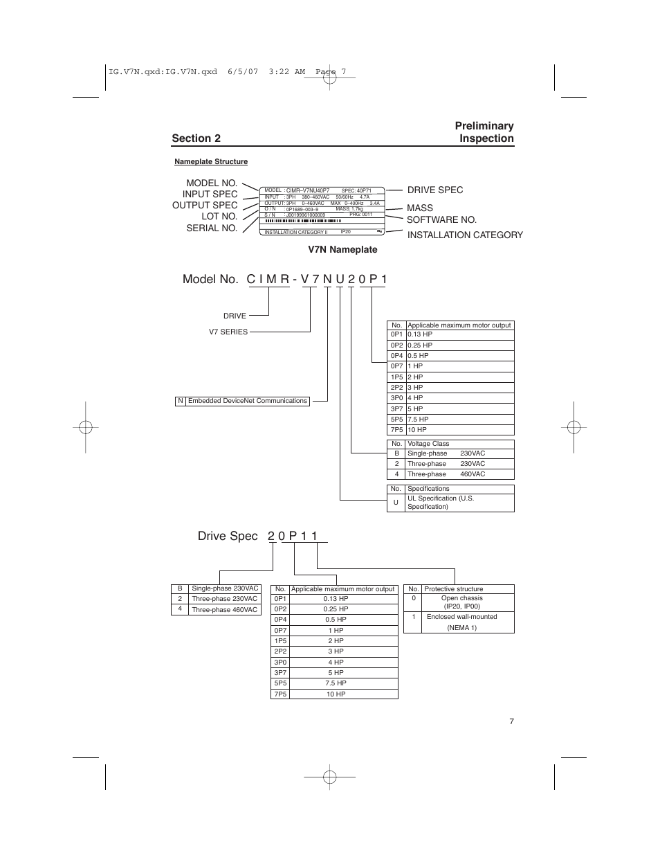 Drive spec 2 0 p 1 1, Mass software no. v7n nameplate | Yaskawa V7N Drive with DeviceNet User Manual | Page 7 / 36