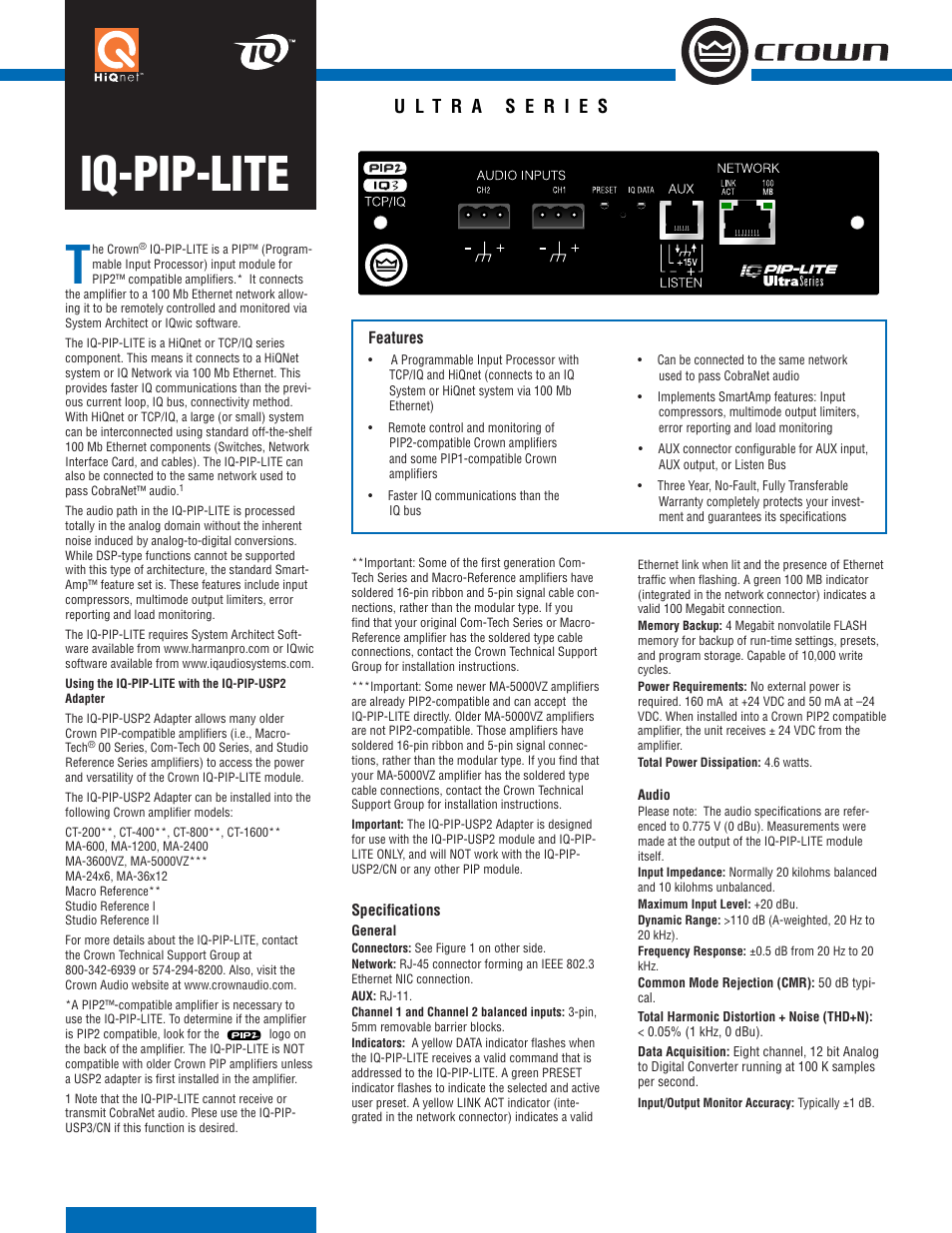 Crown Audio IQ-PIP-LITE User Manual | 2 pages