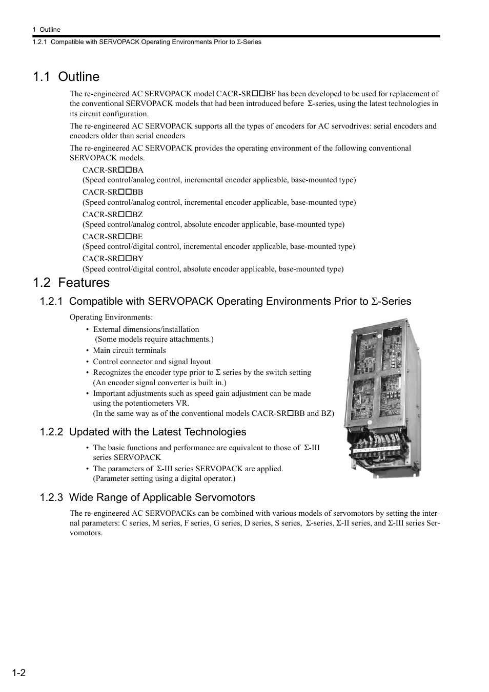 1 outline, 2 features, 2 updated with the latest technologies | 3 wide range of applicable servomotors, 1 outline -2, 2 features -2, Σ-series -2 | Yaskawa CACR-SRxxBF User Manual | Page 13 / 57