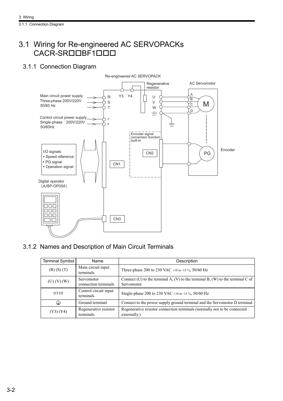 1 connection diagram, 2 names and description of main circuit terminals, 1 wiring for re-engineered ac servopacks cacr-sr | Yaskawa CACR-SRxxBF User Manual | Page 26 / 57