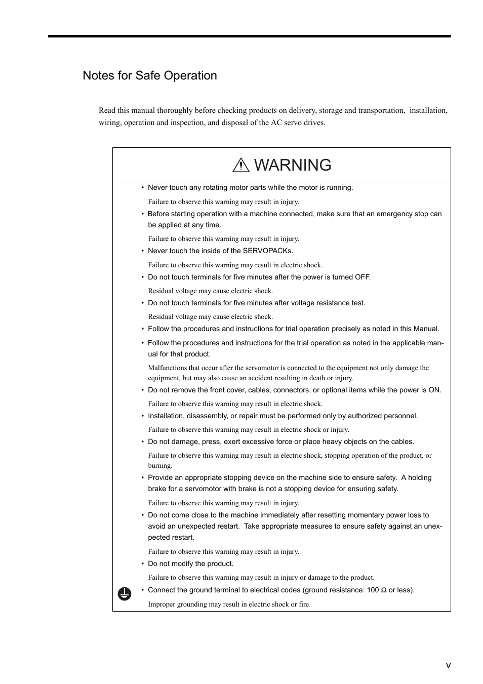 Notes for safe operation, Warning | Yaskawa CACR-SRxxBF User Manual | Page 5 / 57