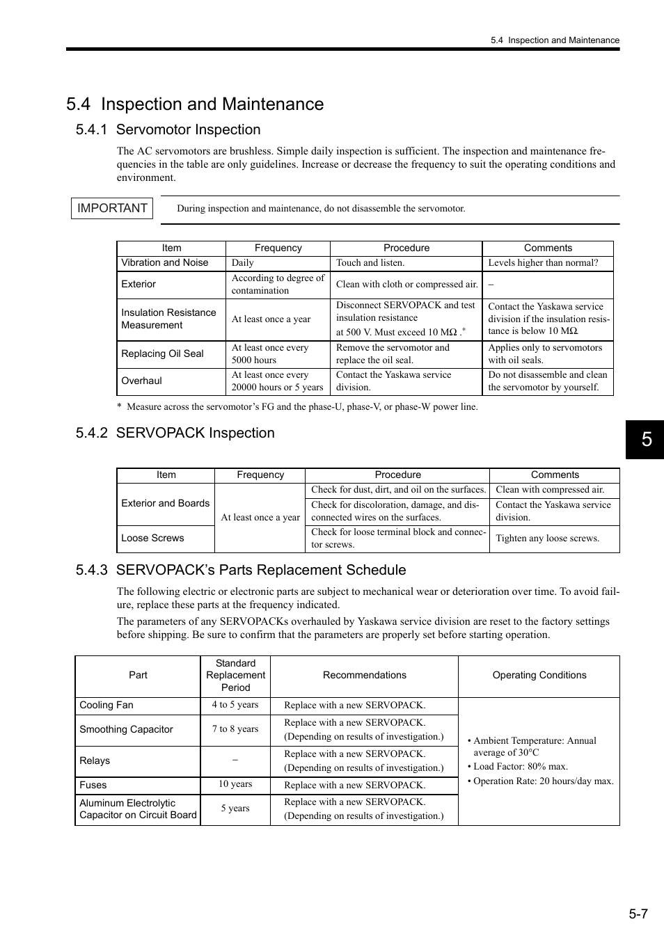 4 inspection and maintenance, 1 servomotor inspection, 2 servopack inspection | 3 servopack’s parts replacement schedule, 4 inspection and maintenance -7 | Yaskawa CACR-SRxxBF User Manual | Page 56 / 57