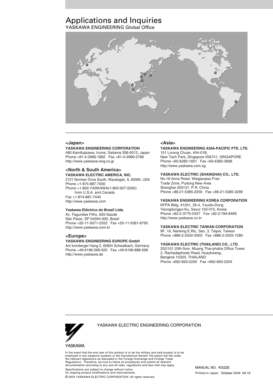 Back cover, Applications and inquiries, Yaskawa engineering global office <japan | North & south america, Europe, Asia | Yaskawa CACR-SRxxBF User Manual | Page 57 / 57