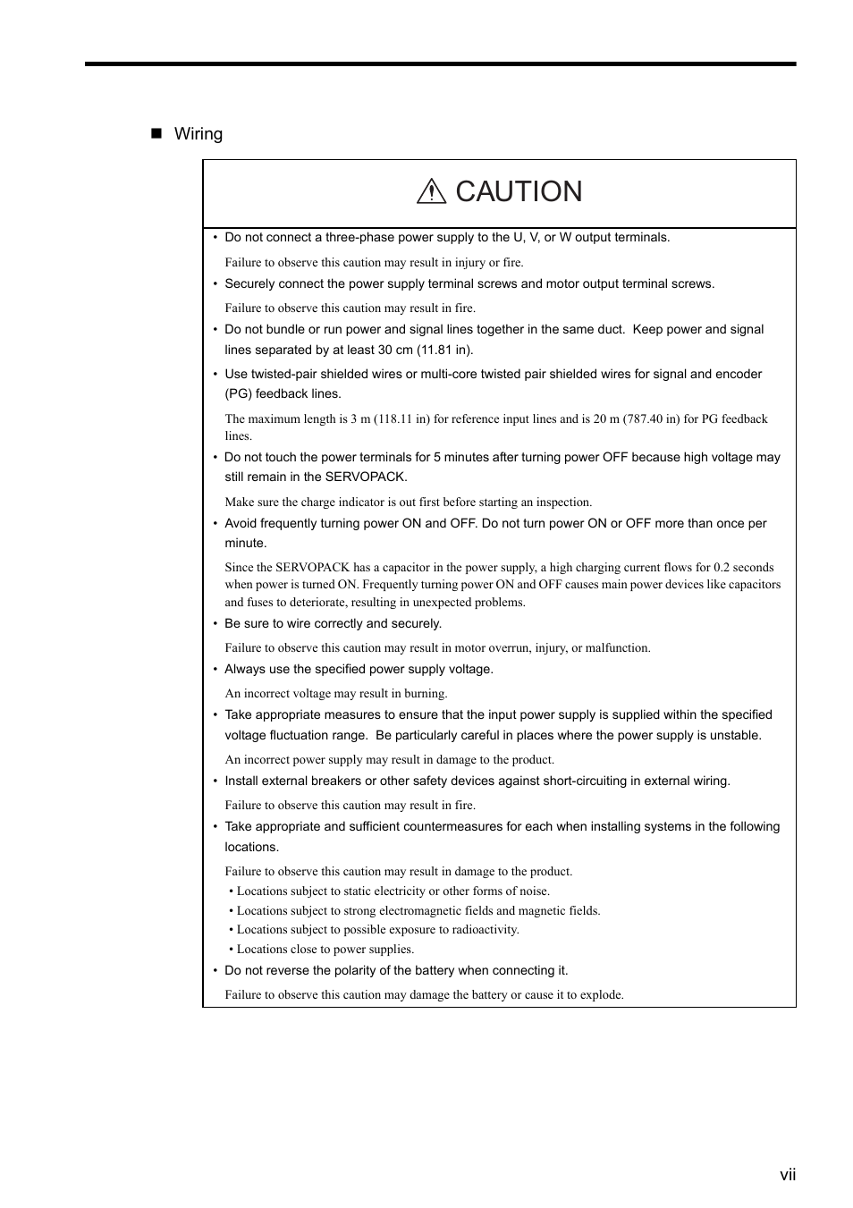 Caution, Vii  wiring | Yaskawa CACR-SRxxBF User Manual | Page 7 / 57