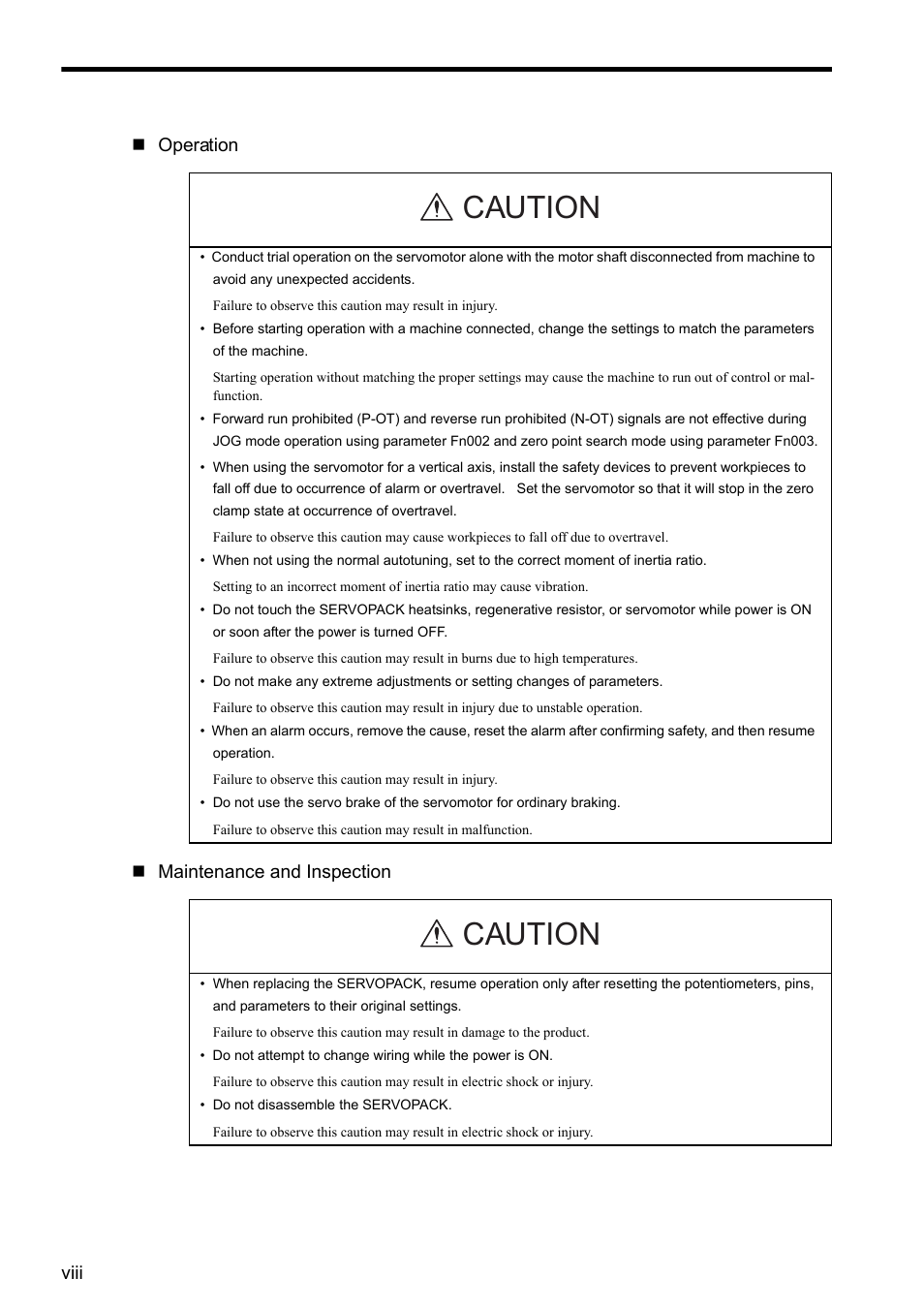 Caution, Viii  operation  maintenance and inspection | Yaskawa CACR-SRxxBF User Manual | Page 8 / 57