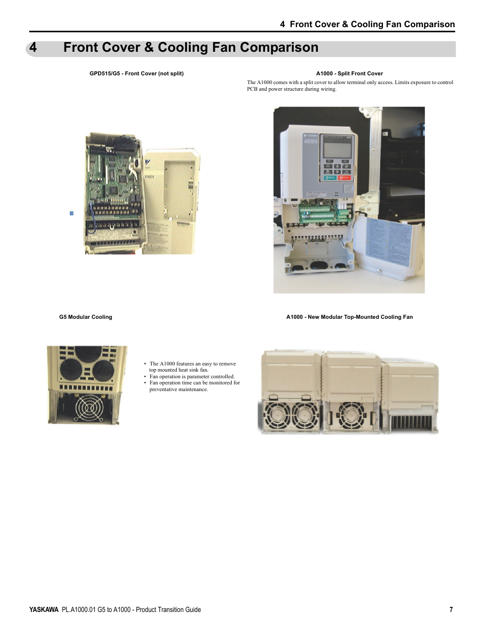 4 front cover & cooling fan comparison, Front cover & cooling fan comparison, 4front cover & cooling fan comparison | Yaskawa GPD515/G5 User Manual | Page 7 / 76