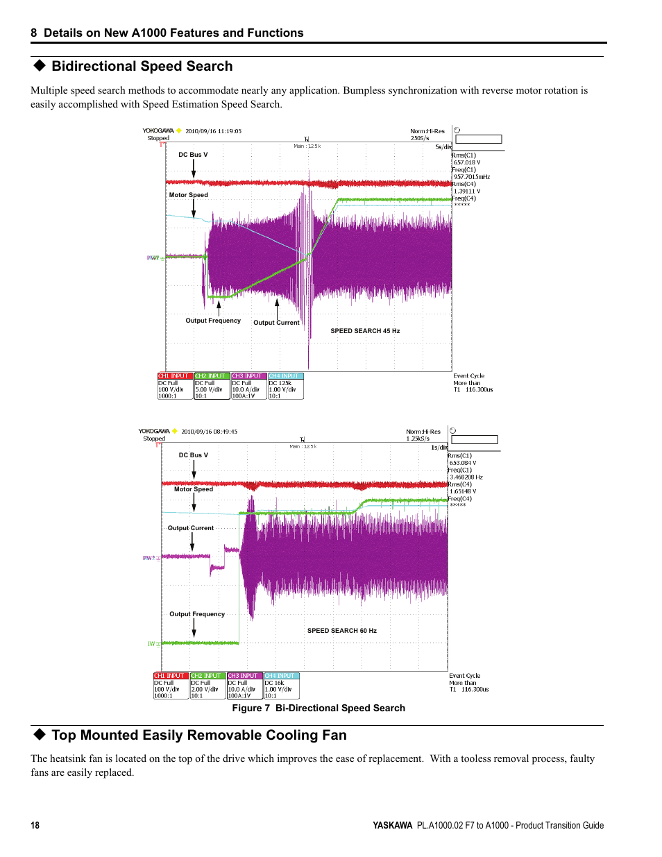 Bidirectional speed search, Top mounted easily removable cooling fan | Yaskawa F7 to A1000 User Manual | Page 18 / 68