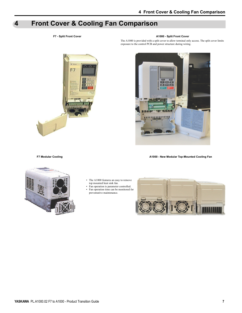 4 front cover & cooling fan comparison, Front cover & cooling fan comparison, 4front cover & cooling fan comparison | Yaskawa F7 to A1000 User Manual | Page 7 / 68