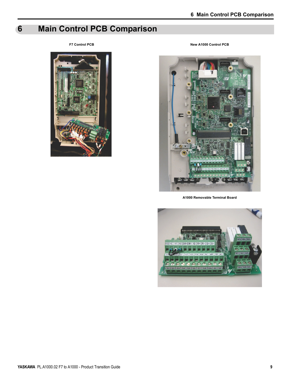 6 main control pcb comparison, Main control pcb comparison, 6main control pcb comparison | Yaskawa F7 to A1000 User Manual | Page 9 / 68