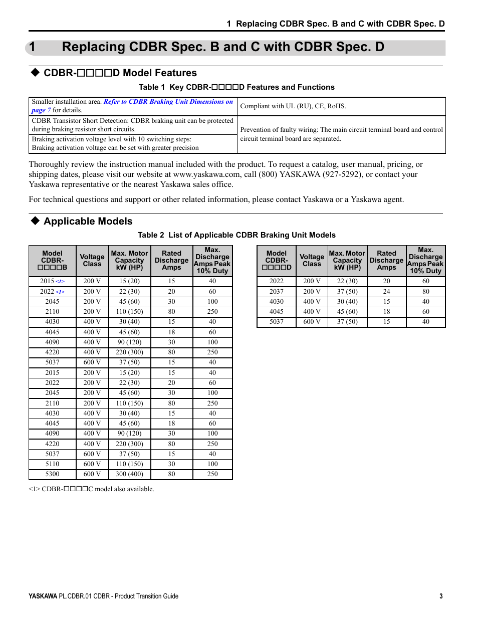 1 replacing cdbr spec. b and c with cdbr spec. d, Cdbr-¨¨¨¨d model features, Applicable models | 1replacing cdbr spec. b and c with cdbr spec. d, Cdbr- d model features | Yaskawa CDBR-xxxB User Manual | Page 3 / 18