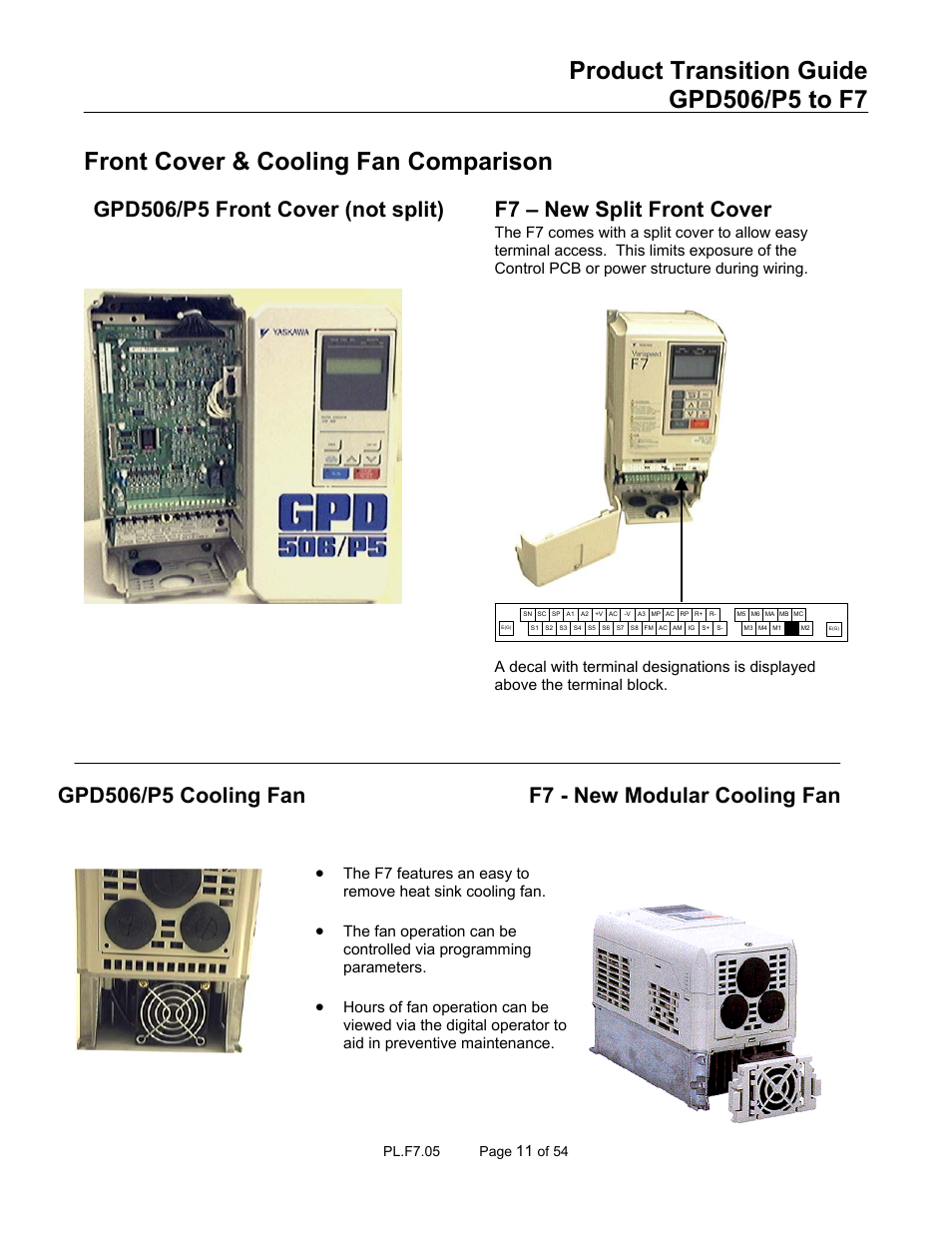 Front cover & cooling fan comparison | Yaskawa GPD 506/P5 to F7 User Manual | Page 11 / 54