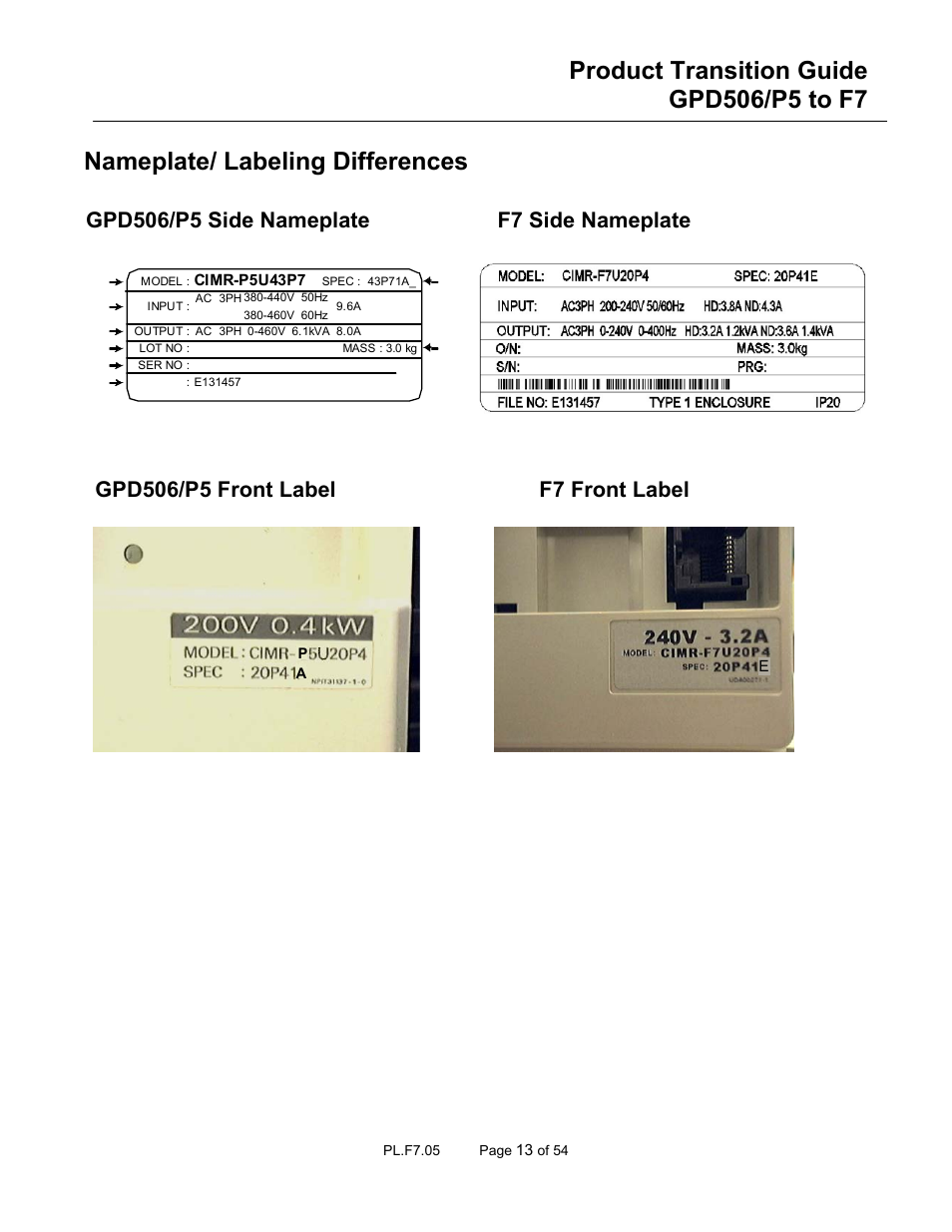 Nameplate/ labeling differences | Yaskawa GPD 506/P5 to F7 User Manual | Page 13 / 54