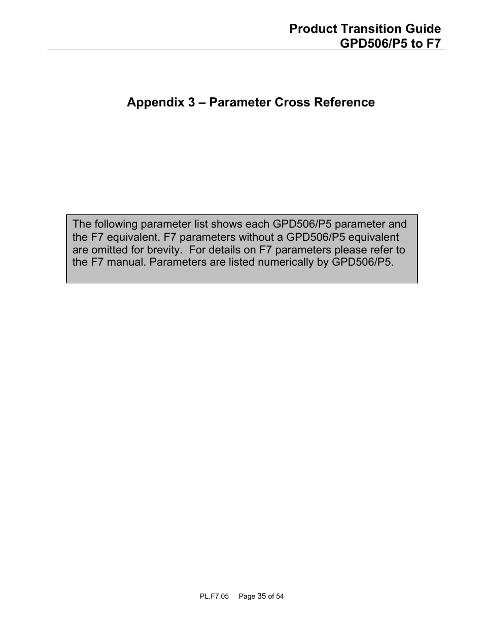 Appendix 3 – parameter cross reference | Yaskawa GPD 506/P5 to F7 User Manual | Page 35 / 54