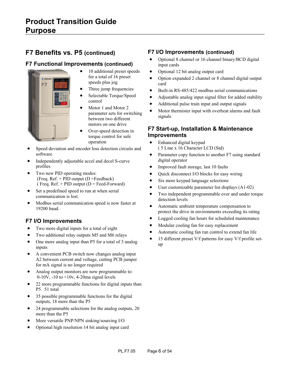 Product transition guide purpose, F7 benefits vs. p5 | Yaskawa GPD 506/P5 to F7 User Manual | Page 6 / 54