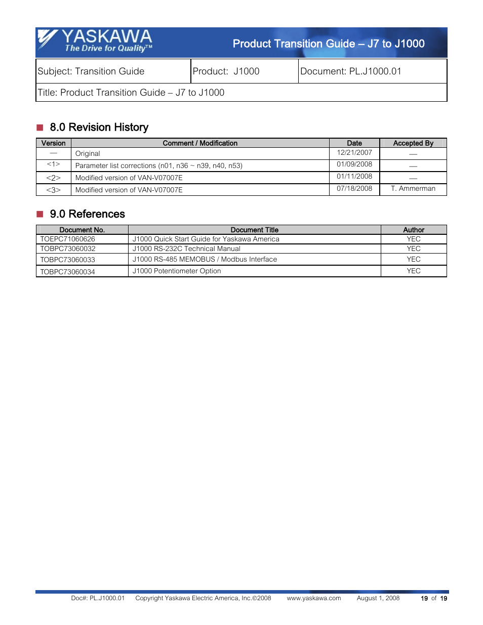0 revision history, 0 references | Yaskawa J7 to J1000 User Manual | Page 19 / 19