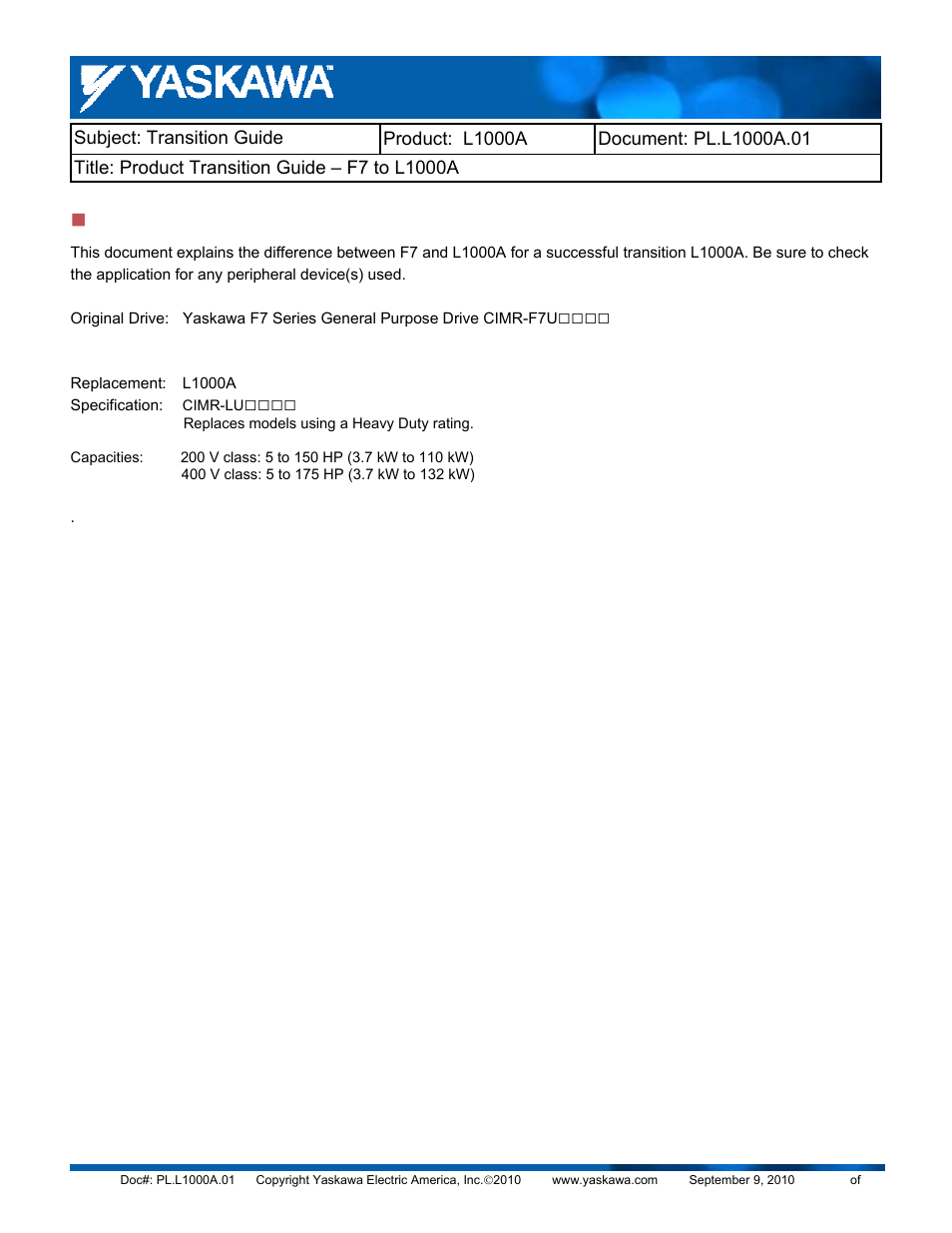 Yaskawa F7 to L1000A User Manual | Page 4 / 57