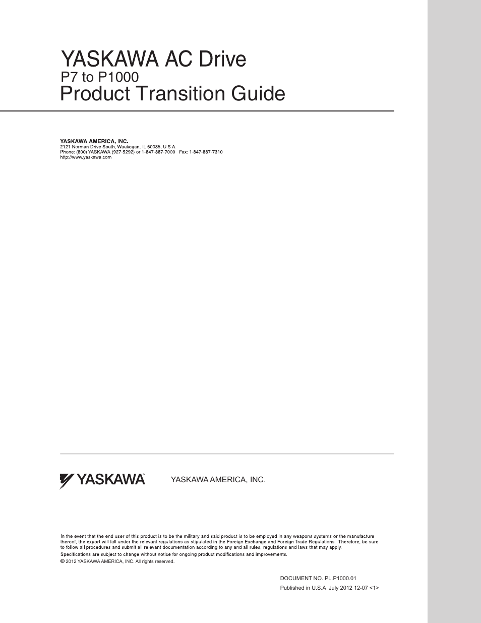 Product transition guide | Yaskawa P7 to P1000 User Manual | Page 56 / 56