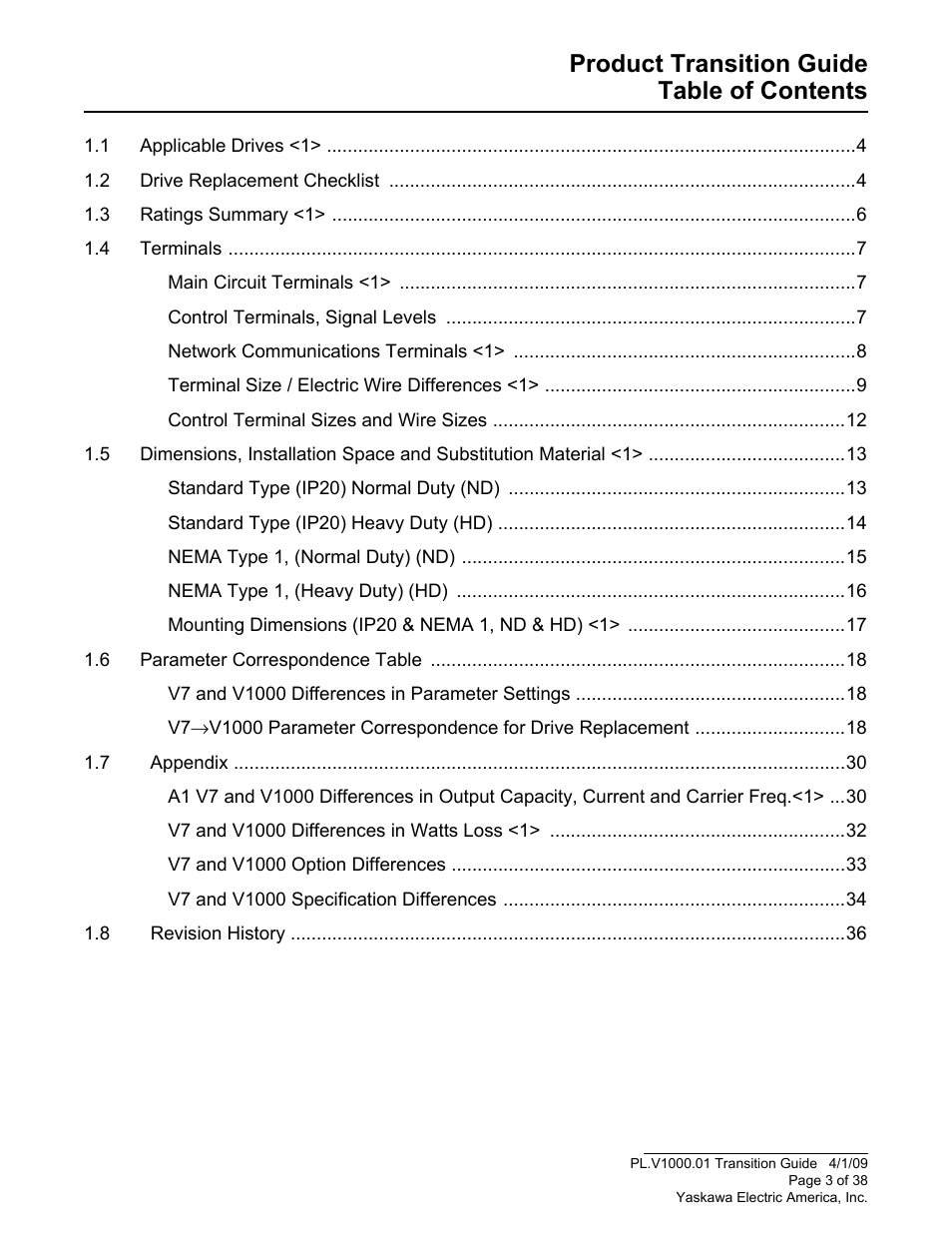 Product transition guide table of contents | Yaskawa VS606 V7 to V1000 User Manual | Page 3 / 38