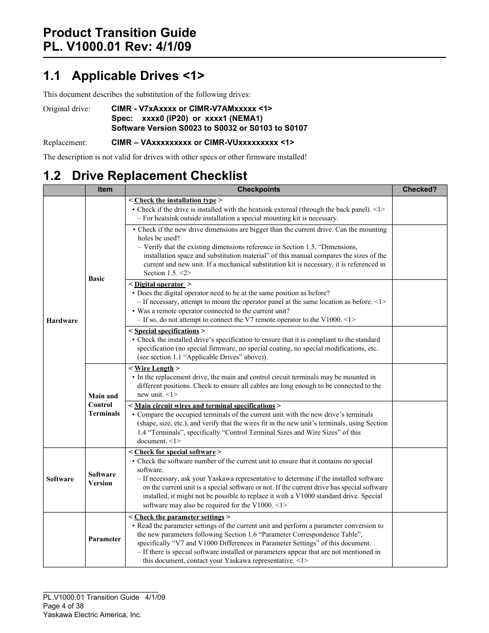 Applicable drives <1, Drive replacement checklist, 1 applicable drives <1 | 2 drive replacement checklist | Yaskawa VS606 V7 to V1000 User Manual | Page 4 / 38