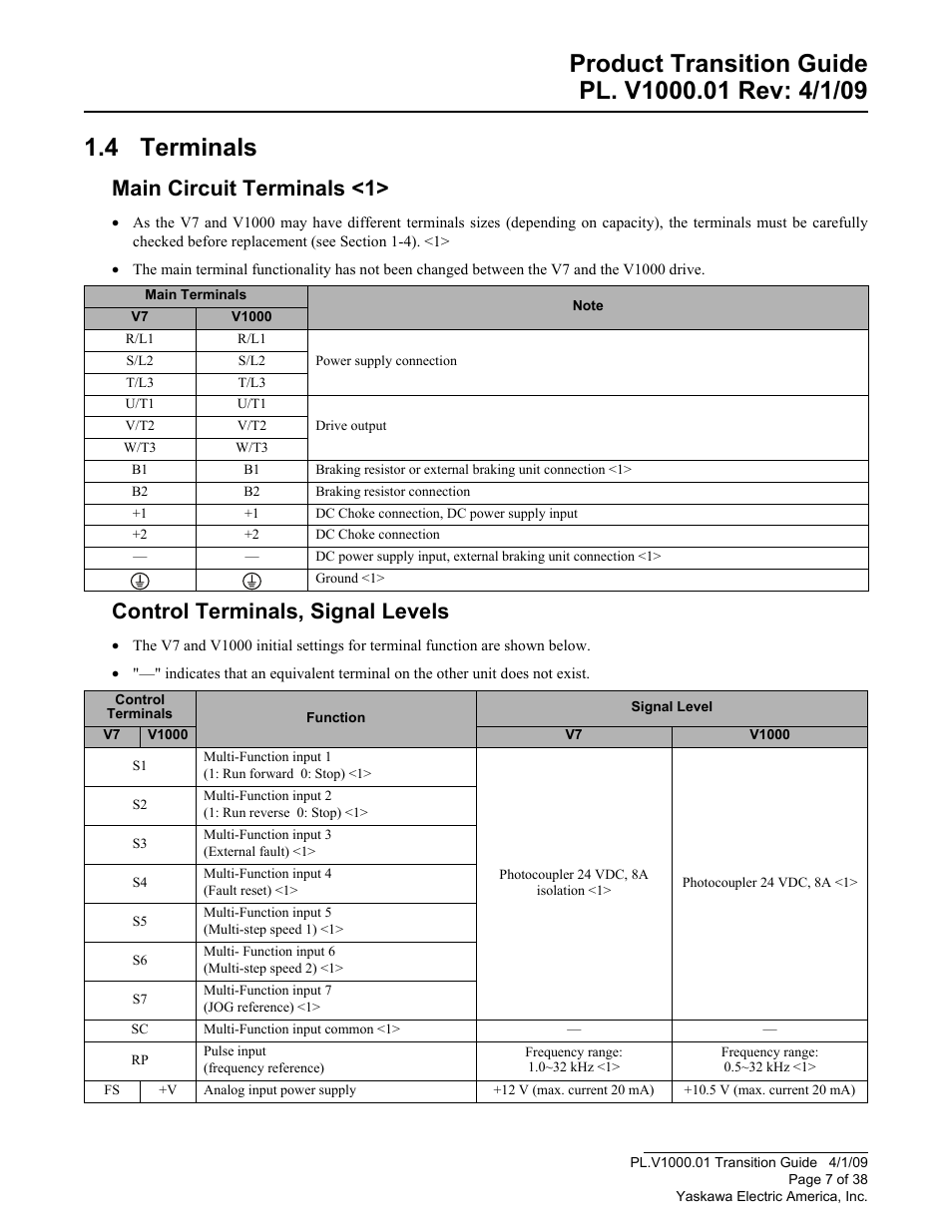 Terminals, Main circuit terminals <1, Control terminals, signal levels | Yaskawa VS606 V7 to V1000 User Manual | Page 7 / 38