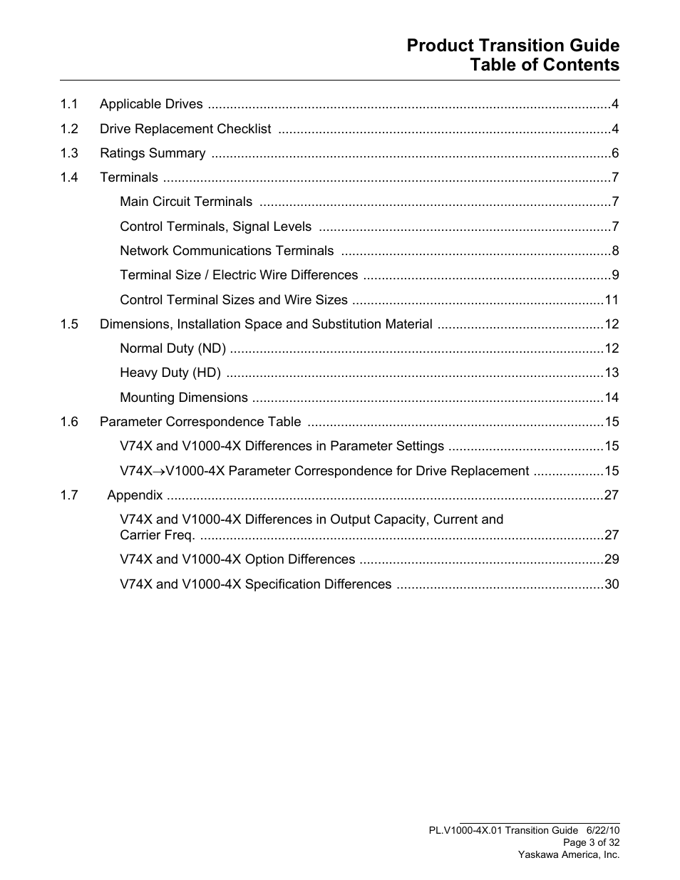 Product transition guide table of contents | Yaskawa VS606 V74X V7 to V1000 User Manual | Page 3 / 32