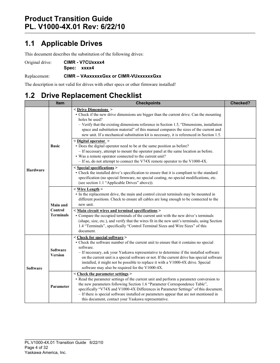 1 applicable drives, 2 drive replacement checklist, Applicable drives | Drive replacement checklist | Yaskawa VS606 V74X V7 to V1000 User Manual | Page 4 / 32