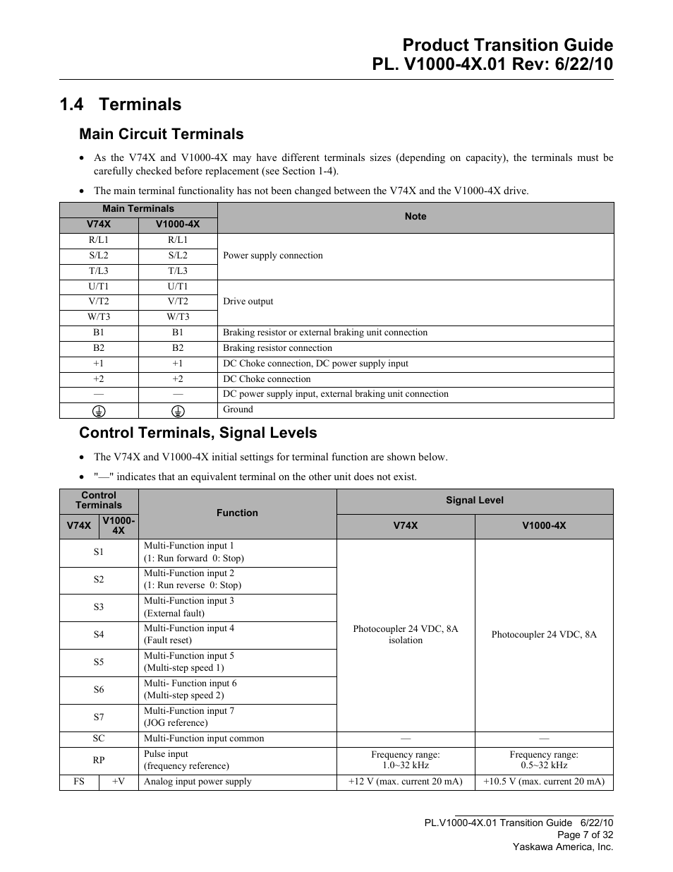 4 terminals, Main circuit terminals, Control terminals, signal levels | Terminals | Yaskawa VS606 V74X V7 to V1000 User Manual | Page 7 / 32