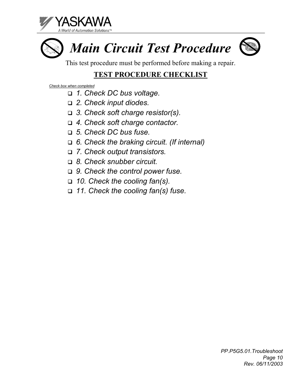 Main circuit test procedure | Yaskawa GPD 506/P5 Section One User Manual | Page 10 / 45