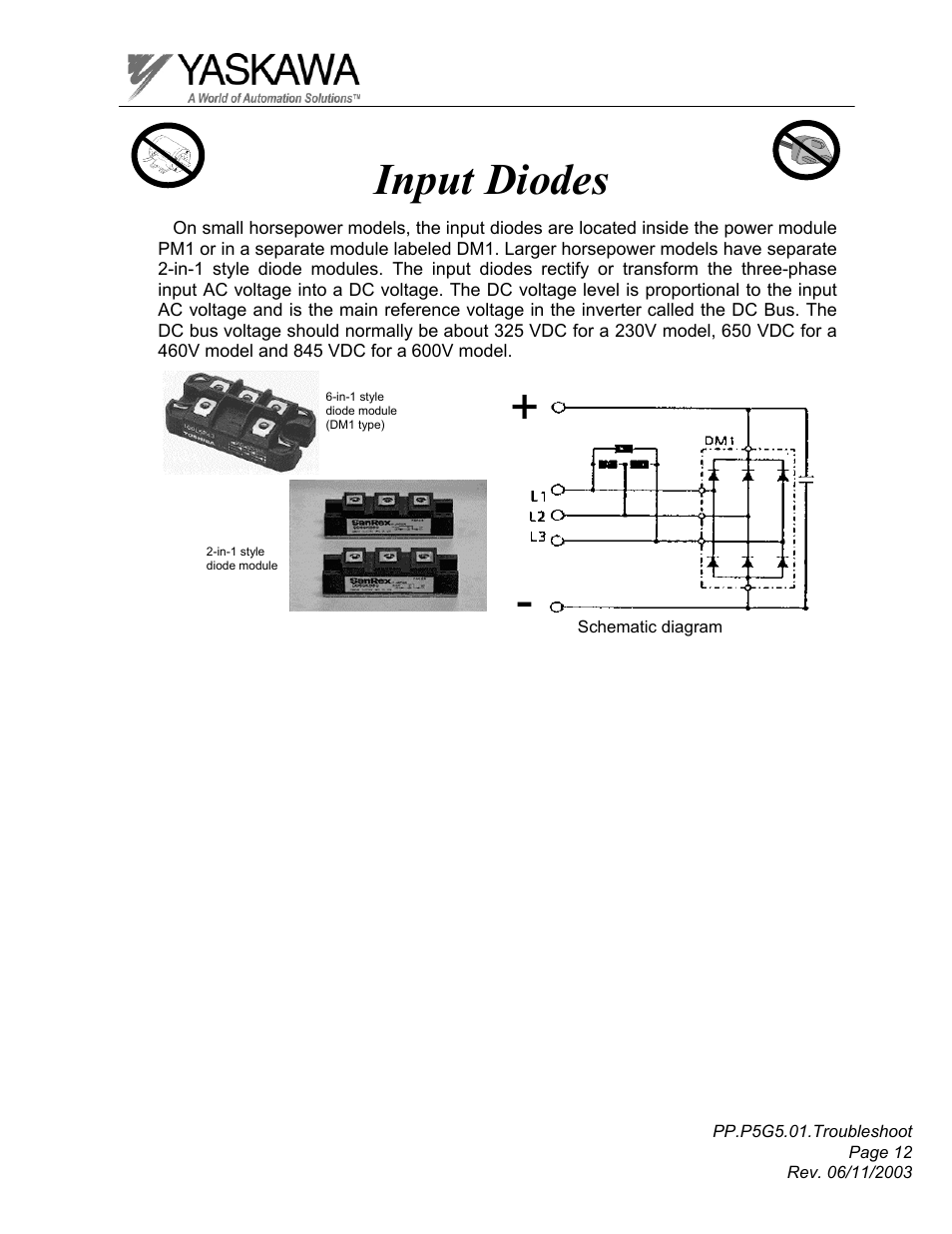 Input diodes | Yaskawa GPD 506/P5 Section One User Manual | Page 12 / 45