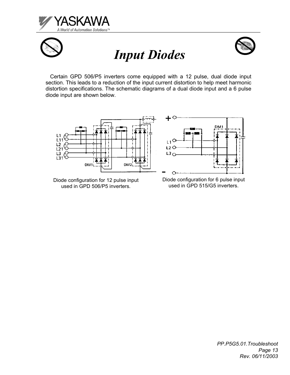 Input diodes | Yaskawa GPD 506/P5 Section One User Manual | Page 13 / 45