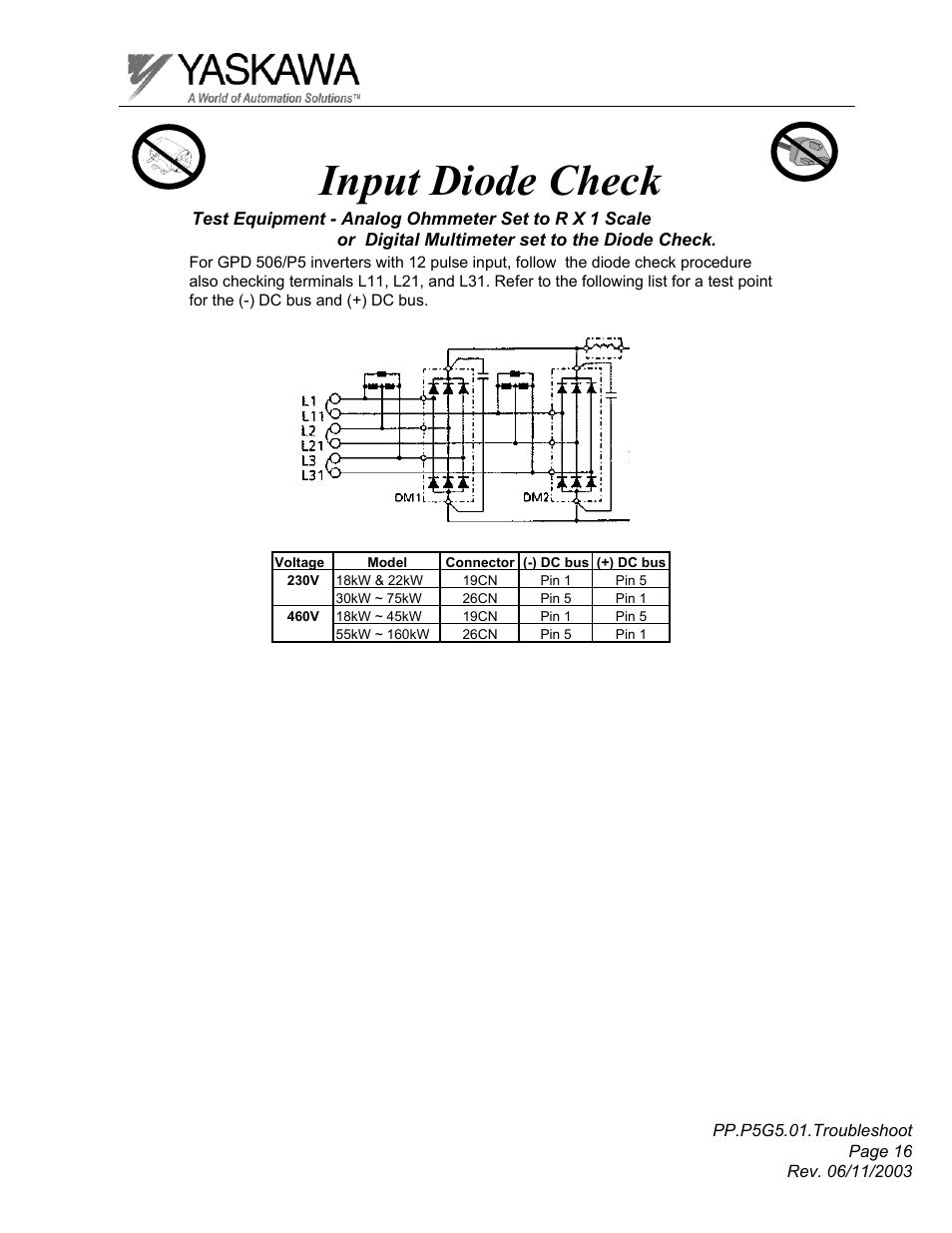 Input diode check | Yaskawa GPD 506/P5 Section One User Manual | Page 16 / 45