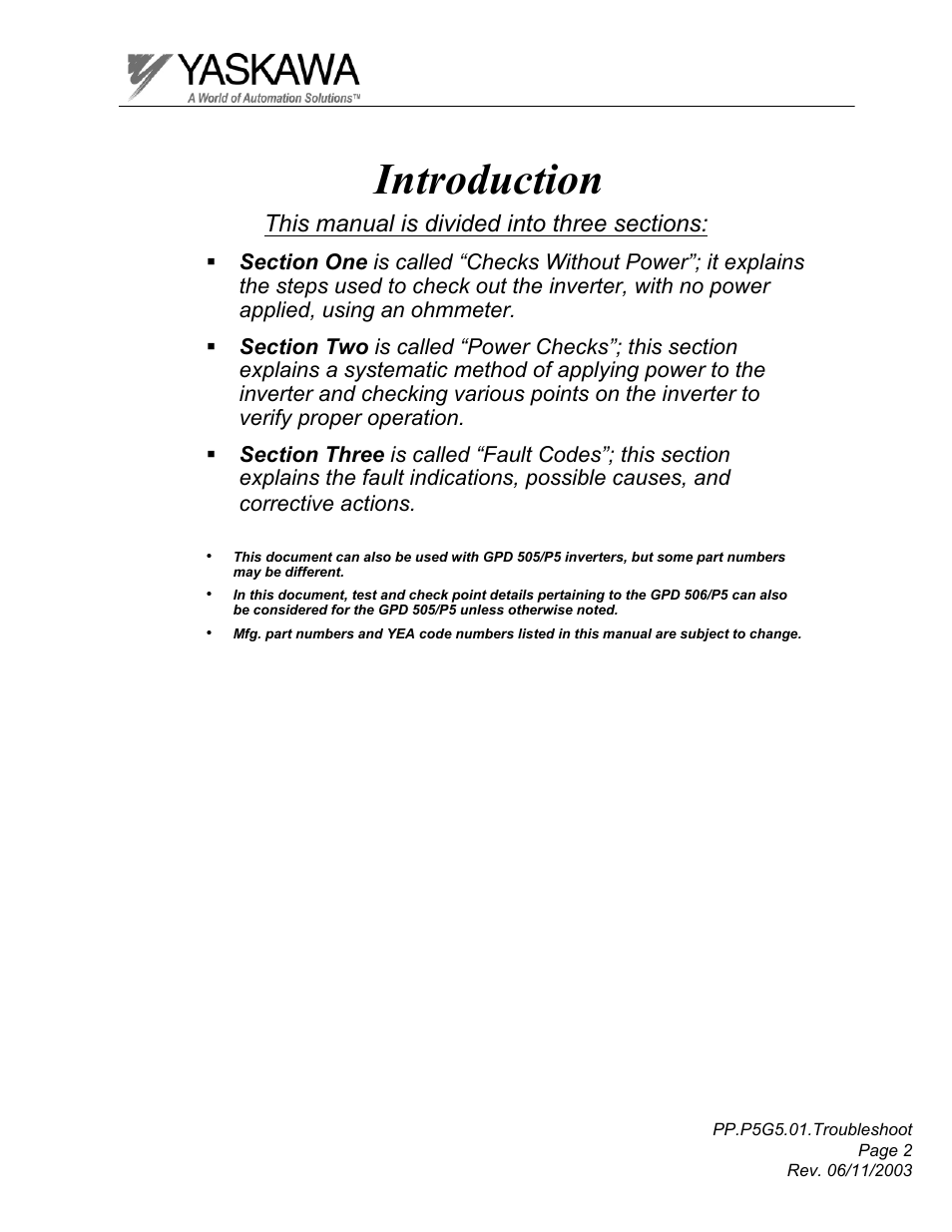 Introduction | Yaskawa GPD 506/P5 Section One User Manual | Page 2 / 45