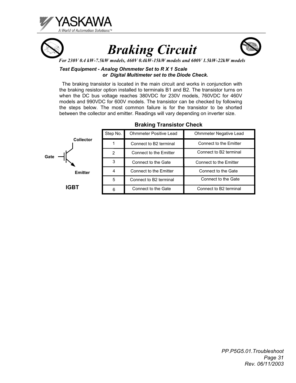 Braking circuit | Yaskawa GPD 506/P5 Section One User Manual | Page 31 / 45