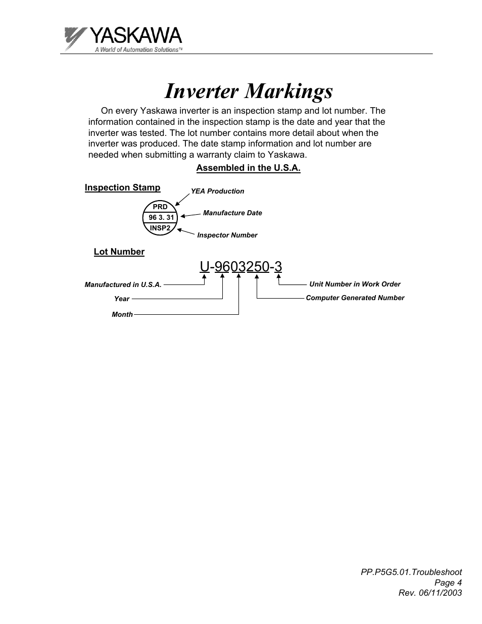Inverter markings | Yaskawa GPD 506/P5 Section One User Manual | Page 4 / 45
