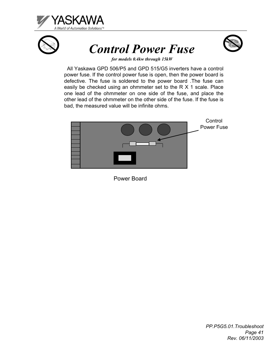 Control power fuse | Yaskawa GPD 506/P5 Section One User Manual | Page 41 / 45