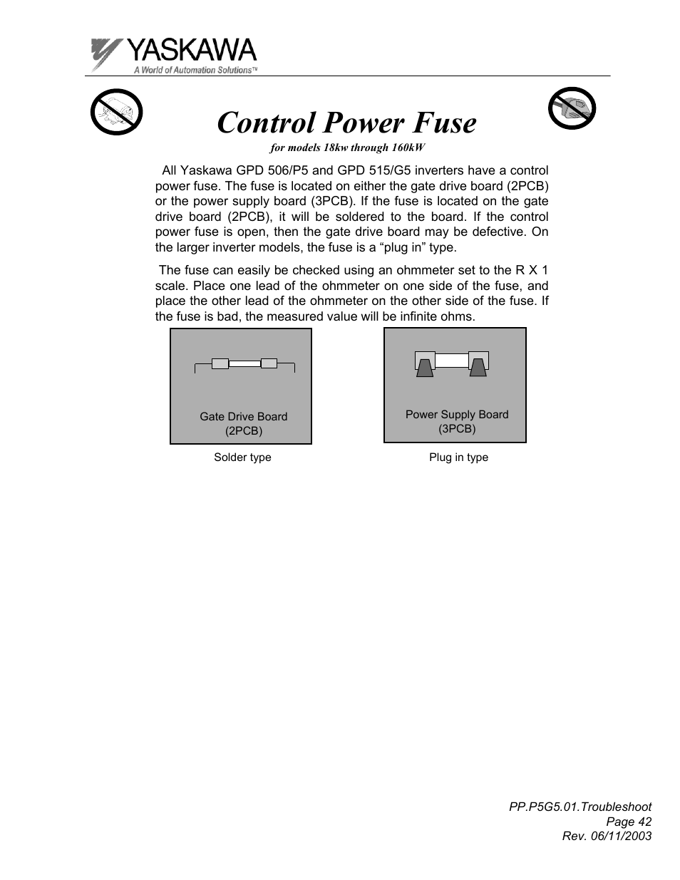 Control power fuse | Yaskawa GPD 506/P5 Section One User Manual | Page 42 / 45