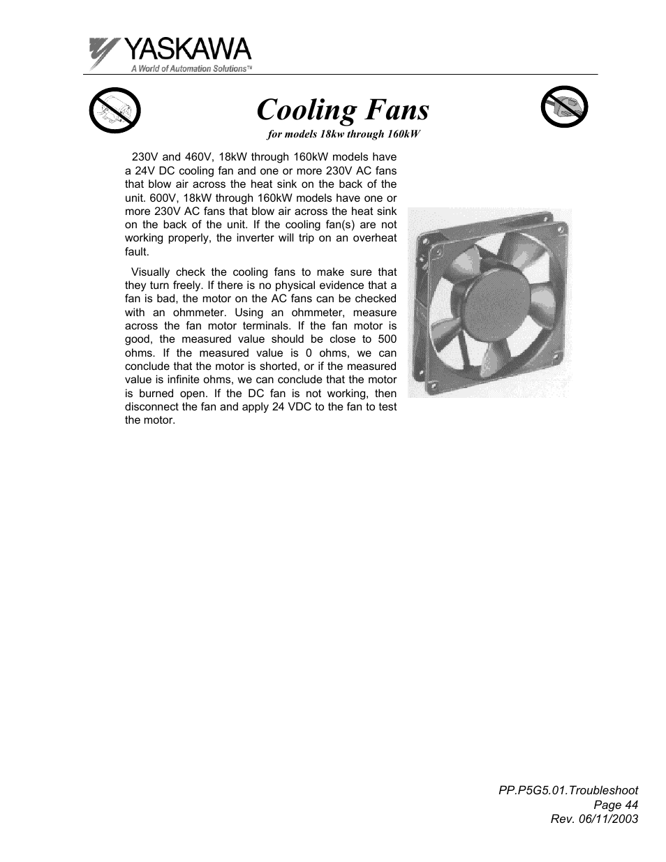 Cooling fans | Yaskawa GPD 506/P5 Section One User Manual | Page 44 / 45