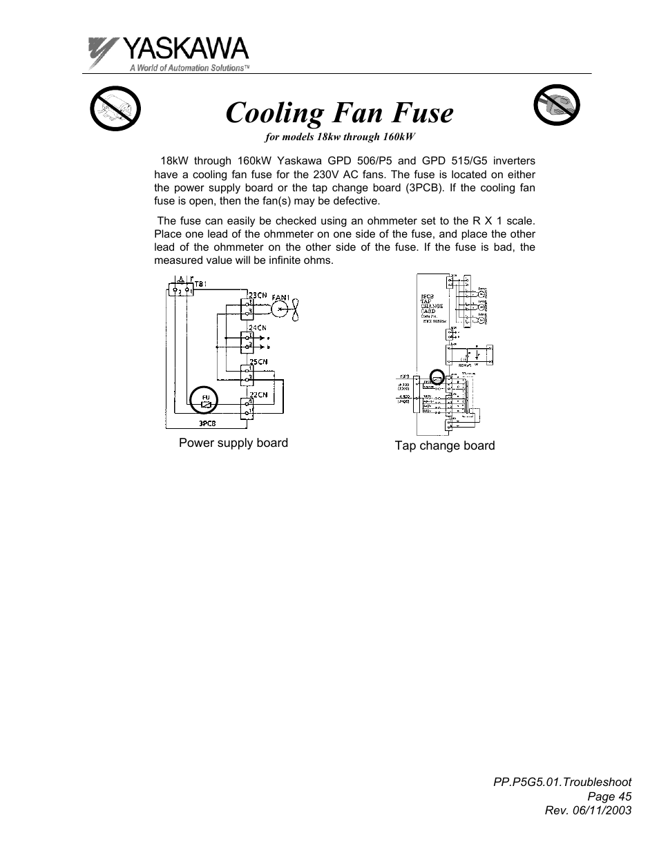 Cooling fan fuse | Yaskawa GPD 506/P5 Section One User Manual | Page 45 / 45