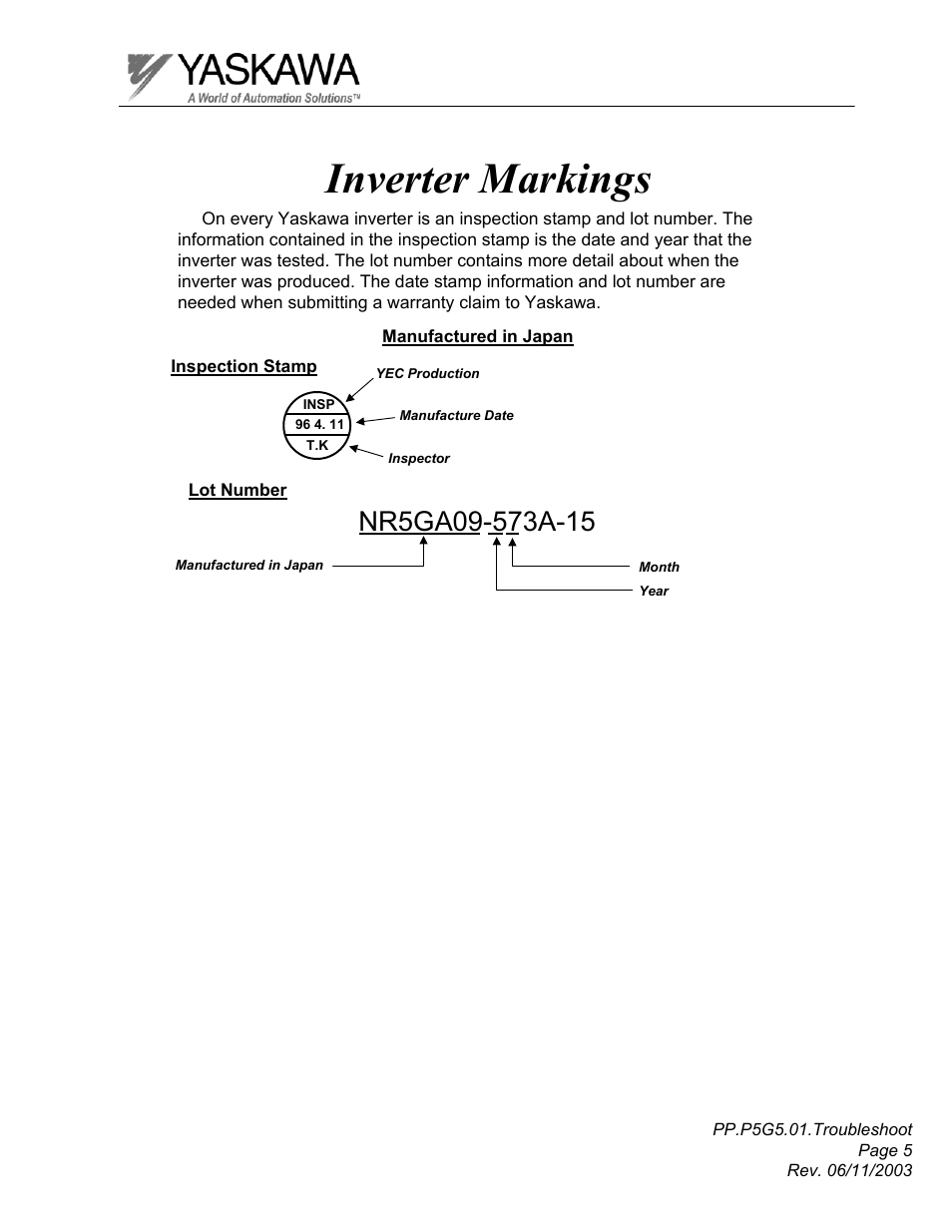 Inverter markings | Yaskawa GPD 506/P5 Section One User Manual | Page 5 / 45