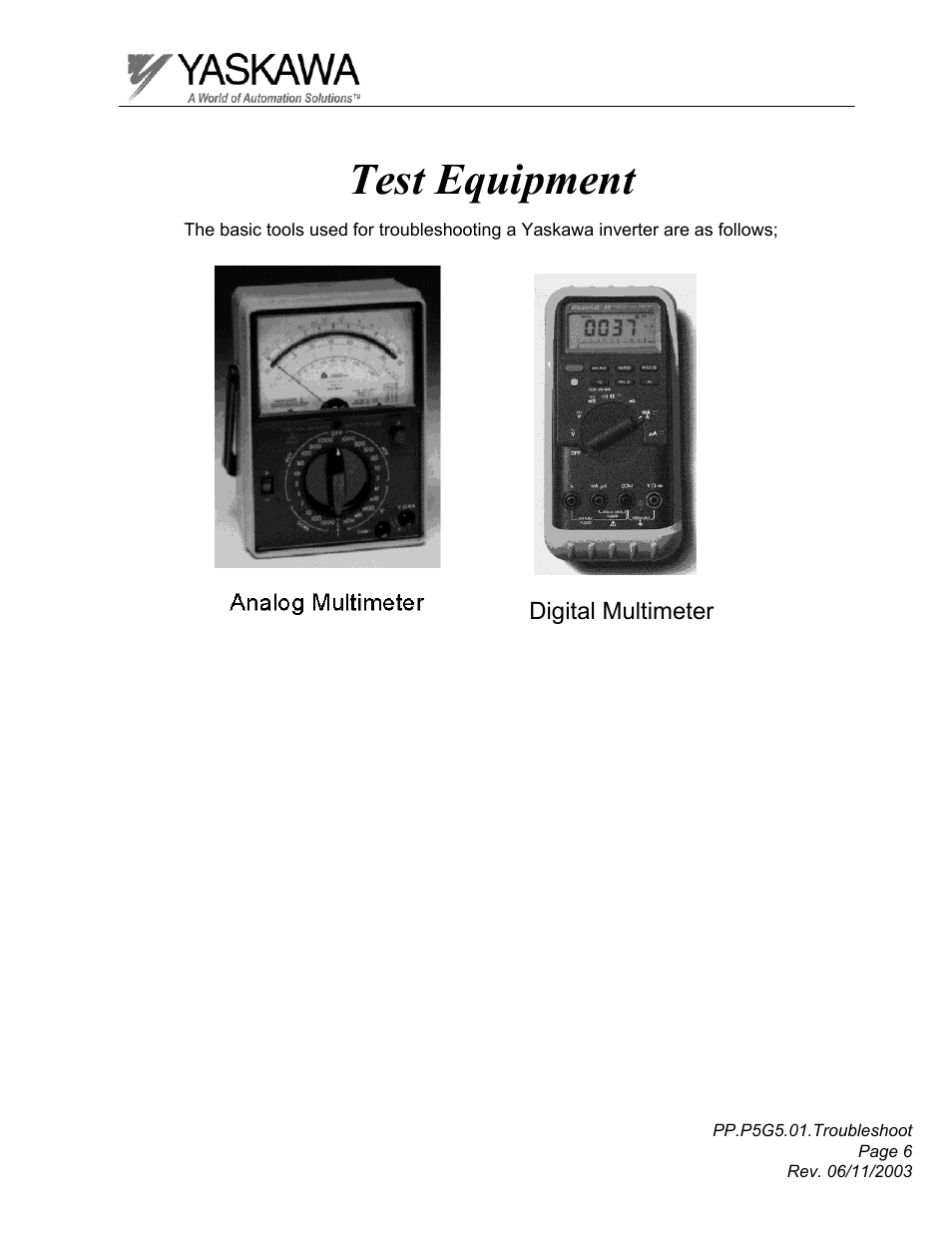 Test equipment | Yaskawa GPD 506/P5 Section One User Manual | Page 6 / 45