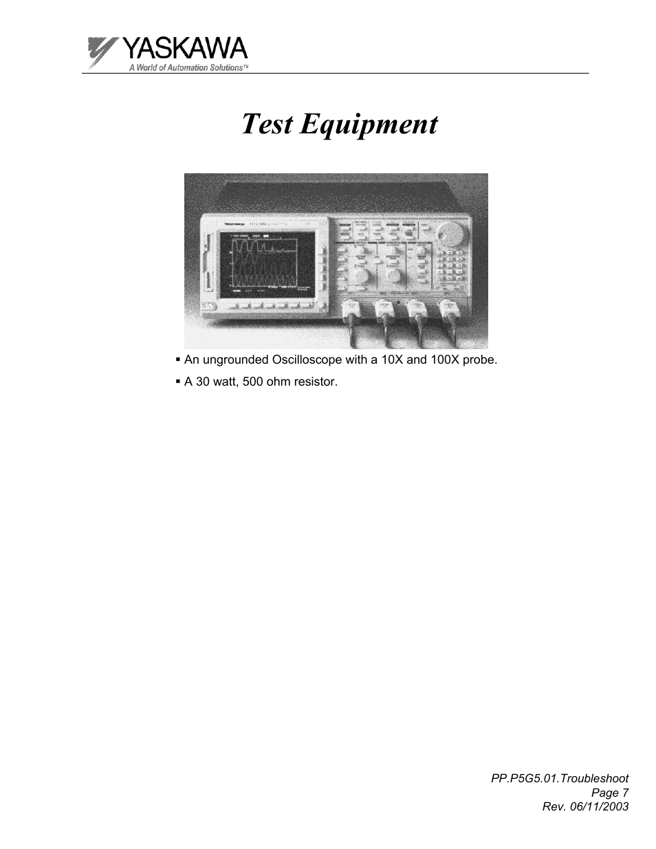 Test equipment | Yaskawa GPD 506/P5 Section One User Manual | Page 7 / 45
