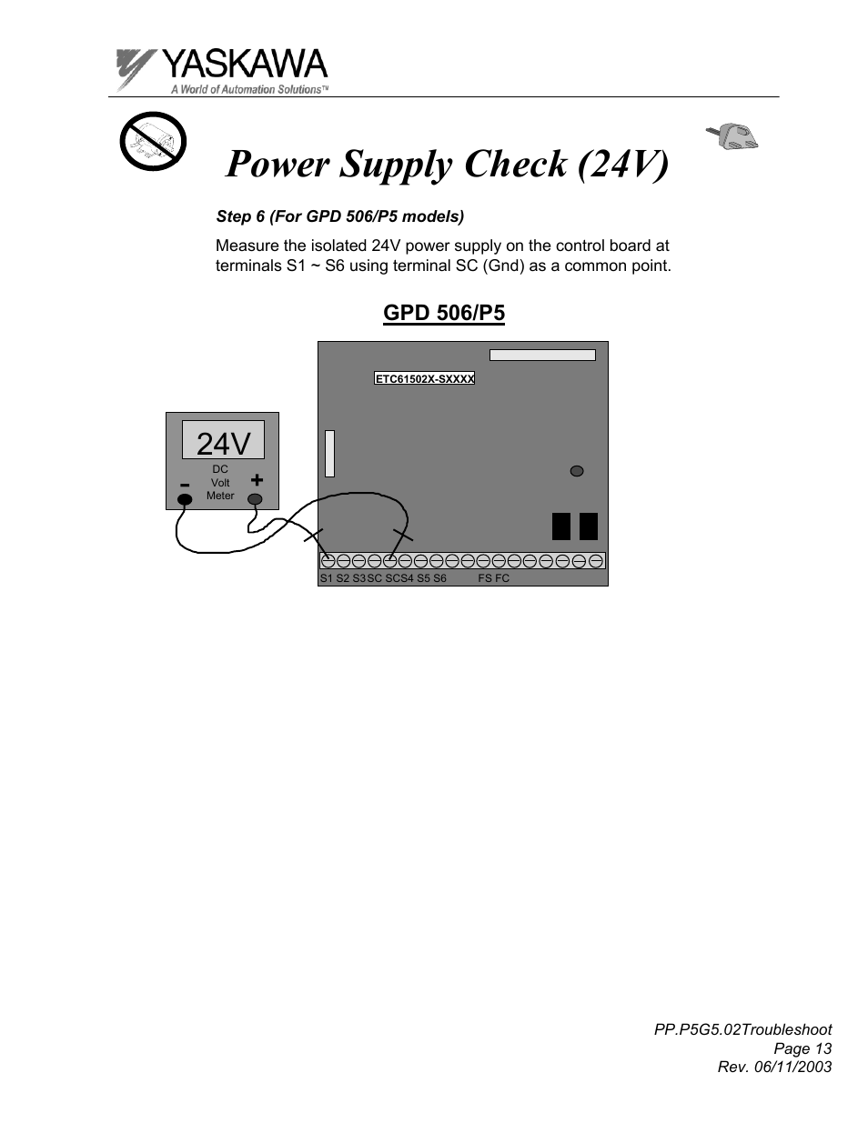 Power supply check (24v), Gpd 506/p5 | Yaskawa GPD 506/P5 Section Two User Manual | Page 13 / 29