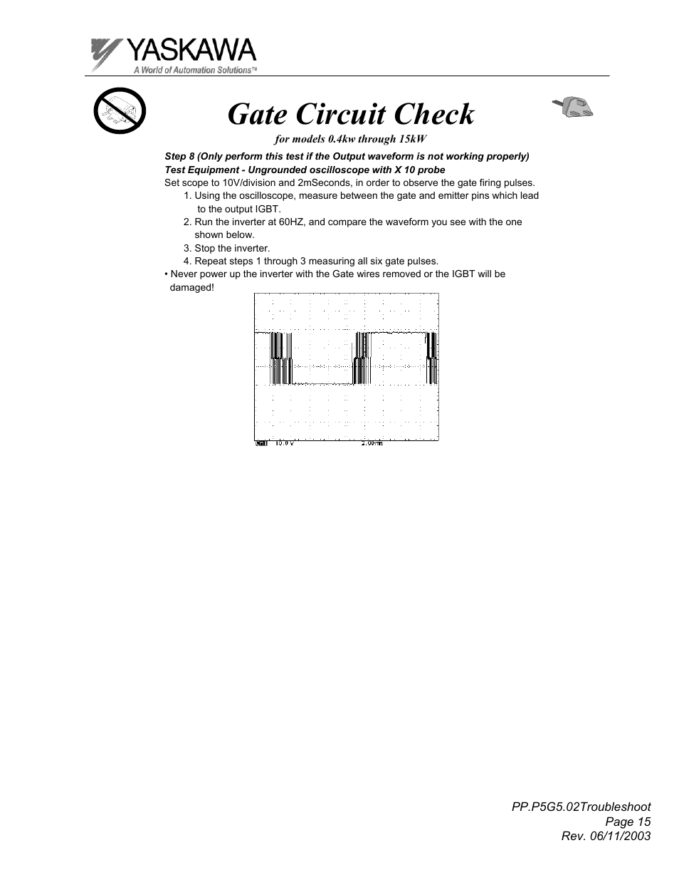 Gate circuit check | Yaskawa GPD 506/P5 Section Two User Manual | Page 15 / 29