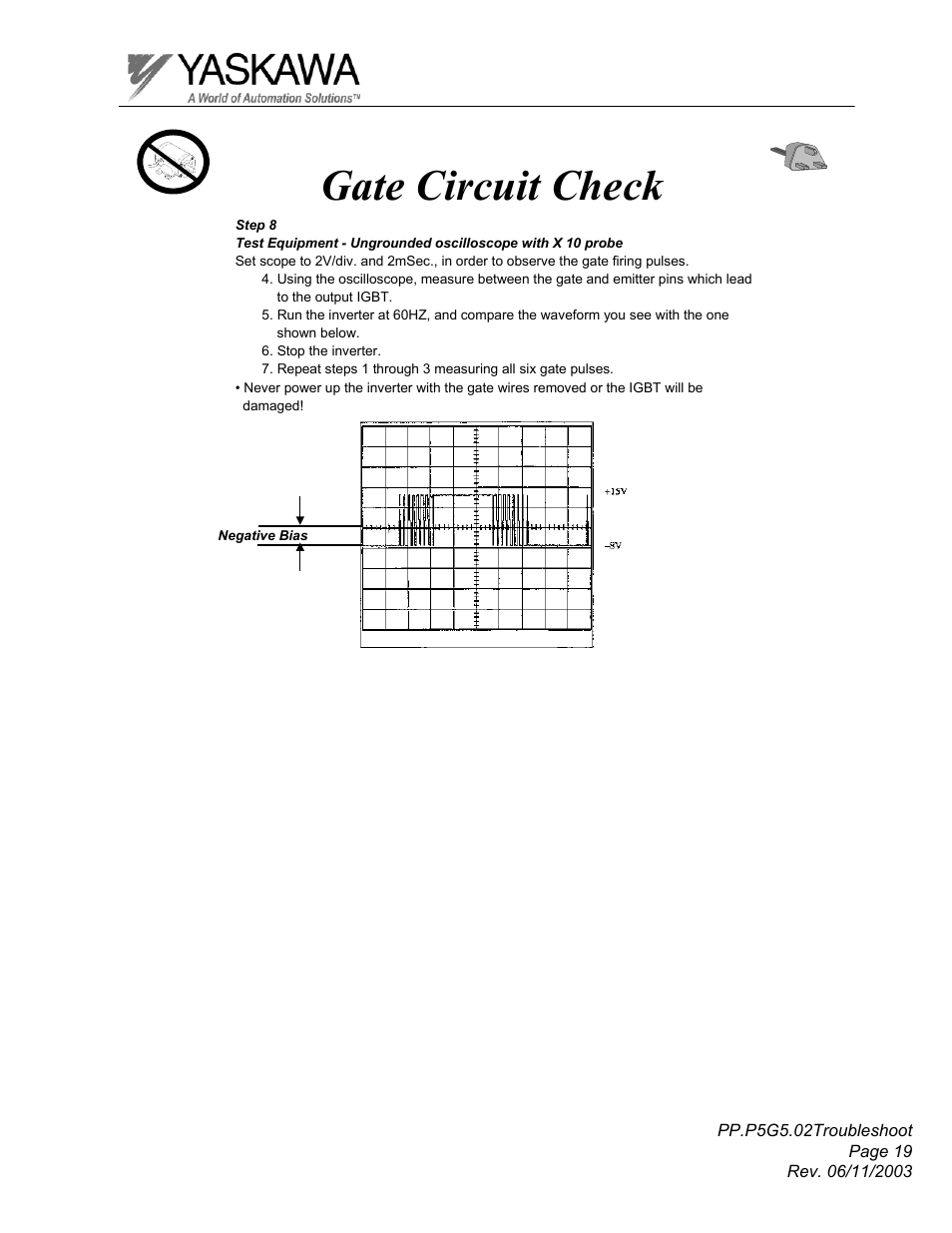 Gate circuit check | Yaskawa GPD 506/P5 Section Two User Manual | Page 19 / 29