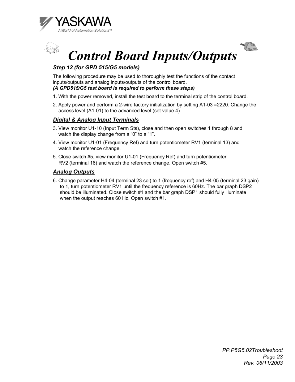 Control board inputs/outputs | Yaskawa GPD 506/P5 Section Two User Manual | Page 23 / 29