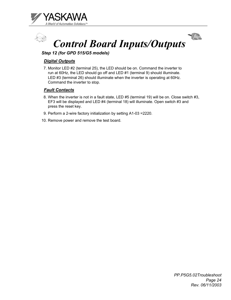 Control board inputs/outputs | Yaskawa GPD 506/P5 Section Two User Manual | Page 24 / 29